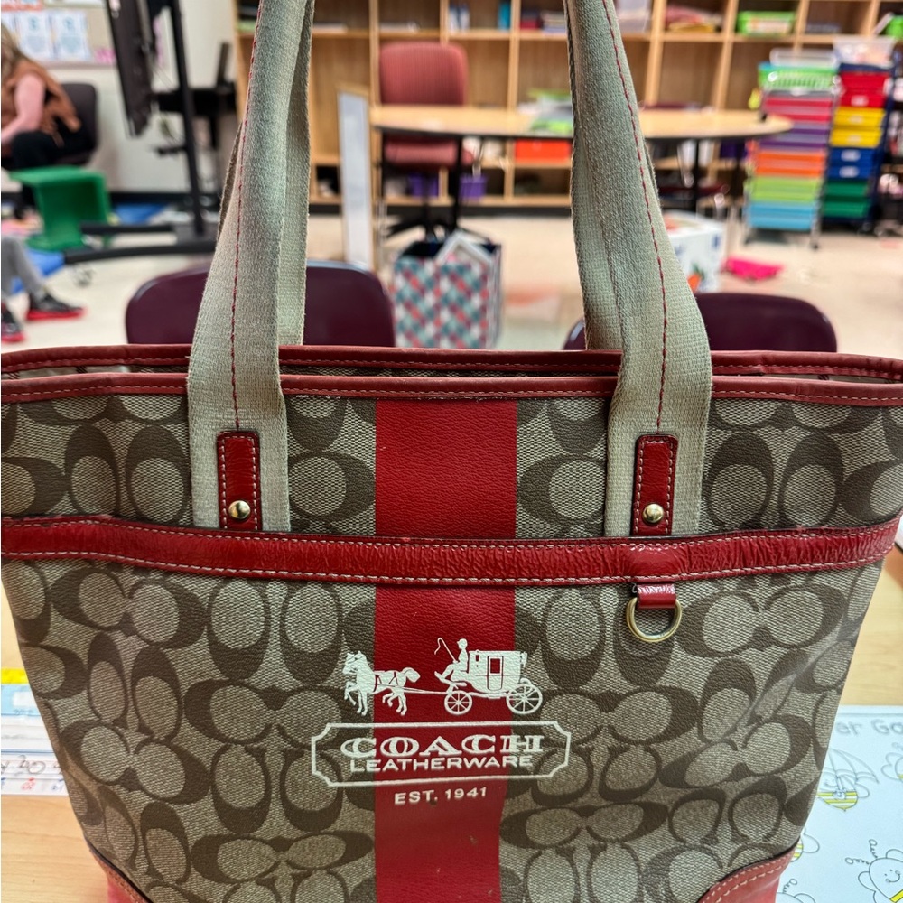 Coach Signature Canvas Tote Bag - Red and Brown